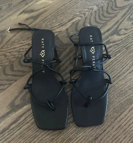 Katy Perry black irisia strappy wooden block wedge heel sandal Matte Black