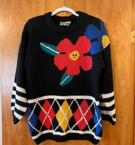 Colter Bay International Vintage Sweater Big Poppy Flowers Floral Argyle Medium
