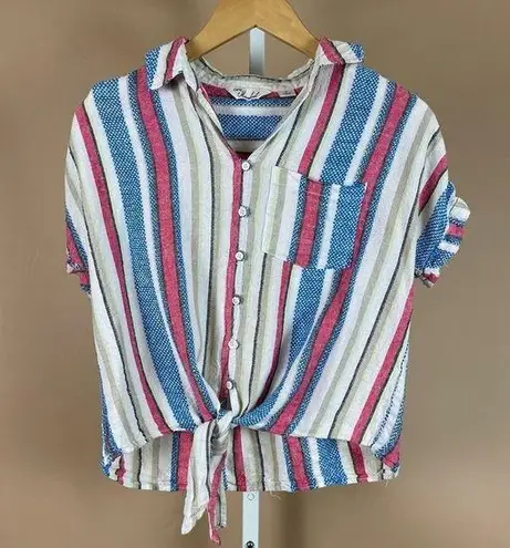 Caffe’ Marrakech Small Striped Linen Blend Short Sleeve Tie Waist Top Beachy Red