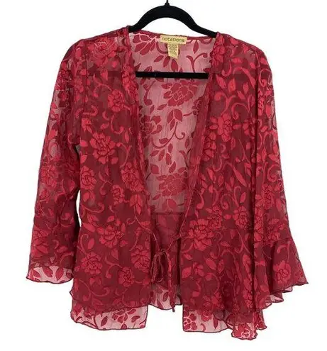 American Vintage Vintage Y2K Top Womens Medium Sheer Flared Sleeve Burnout Satin Floral Print Red