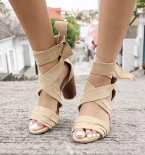 Raye  x Revolve Suede Wrap Tie Mia Tan Heels - 6