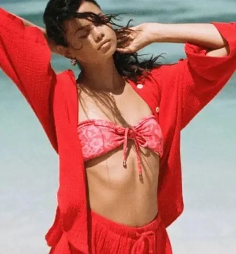 Charlie Holiday Red Cotton Gauze Harlow Button Down 3/4 Casual Oversized Shirt 6