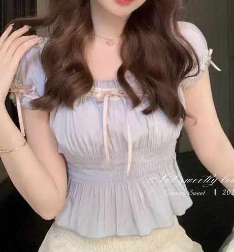 Pastel Blue Japanese Kawaii Cottage Ruffle Pink Ribbon Bow Princess Blouse Top Size XS