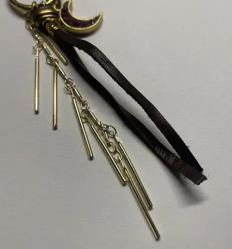 Women’s Costume Necklace Gold Tone Chain Pink Rhinestone Noon Charm Brown Fringe