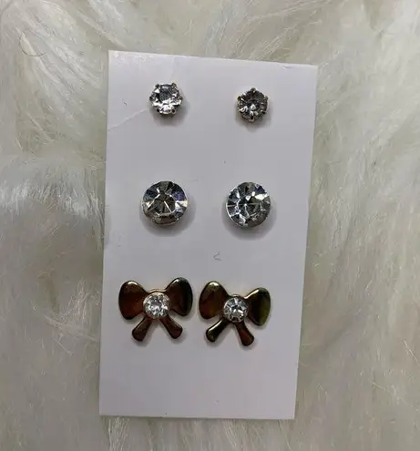 3 Gold Faux Diamond Stud Earrings w/ Bow