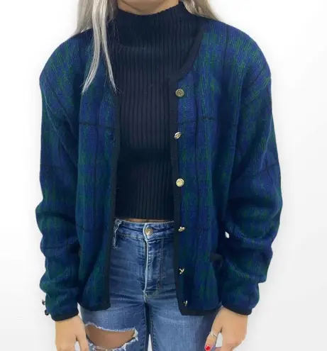 90s TALLY HO Green and Blue Plaid Gold Button Accent Button Up Cardigan Size L