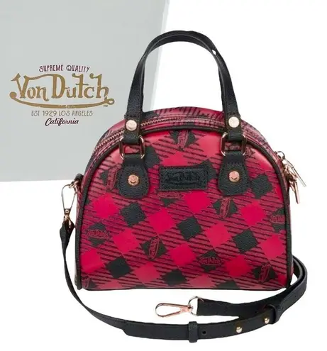 Von Dutch NEW Red & Black Plaid HANDBAG Bowling Bag Crossbody Satchel Purse NWT