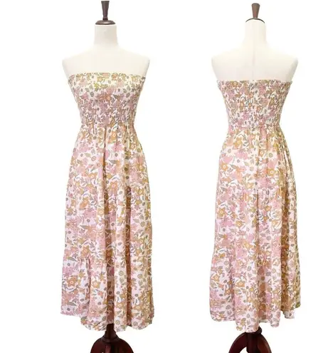 Petal and Pup  Strapless Retro Floral Midi Dress Tan Pink Cream Size 4 70s Boho