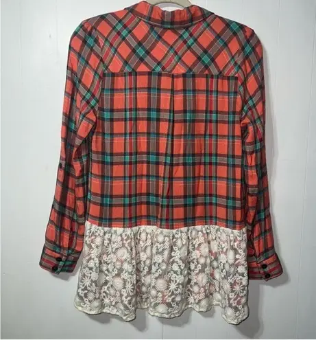 Matilda Jane  Noble Button Down Plaid Coral Lace Cottagecore Tunic Top small