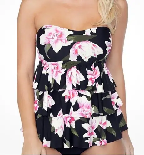 ISLAND ESCAPE Triple Tier Bandeau Tankini Top sz 6 Black Pink Swimwear NWT