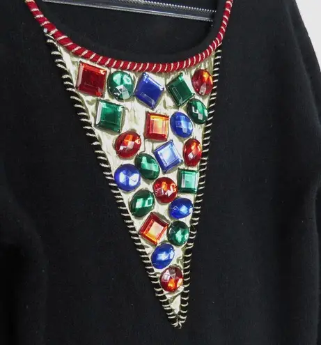 L'eau Vive 1980s Vintage Black Sweater with Rainbow Chunky Rhinestones Medium
