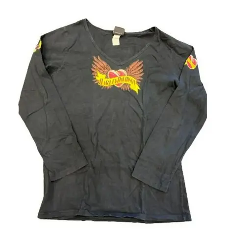 Harley Davidson Womens Black Heart Wings Cotton V Neck Long Sleeve T Shirt Sz 1X