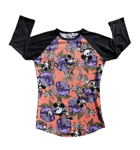 LuLaRoe Woman's Minnie Mouse Floral Raglan 3/4 Sleeve Top Colorful XXS