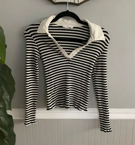 Mango Ribbed Knit Black White Striped Cropped Collared Top