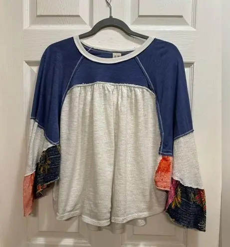 Free People  Womens Friday Fever Pullover Blouse Blue White Size Small