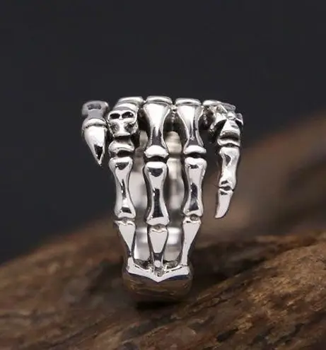 925 Silver Plated Adjustable Skull Hand Ring for Men Women,Punk Hip Hop Ring