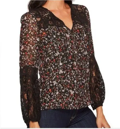 Rebecca Taylor ‘Lyra’ Red Floral Black Lace Pintuck Silk Blouse Women’s Size 00