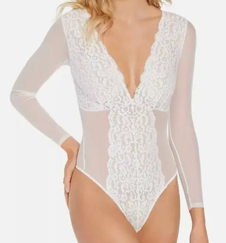 INC International concepts Women's XL Long Sleeve Lace Mesh Bodysuit White New