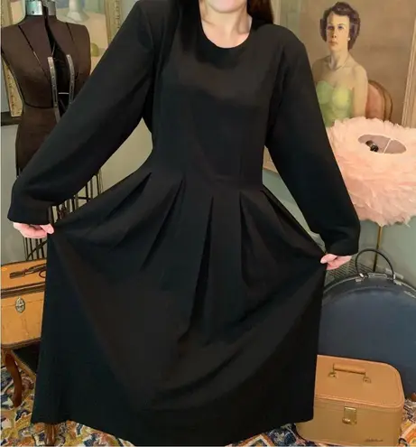 Orvis Vintage 1980s Black Pleated Dress with Shoulder Pads 12 Petite