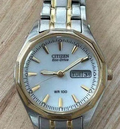 Citizen Eco-Drive Solar Ladies Watch Two Tone Bracelet White Dial Date Window