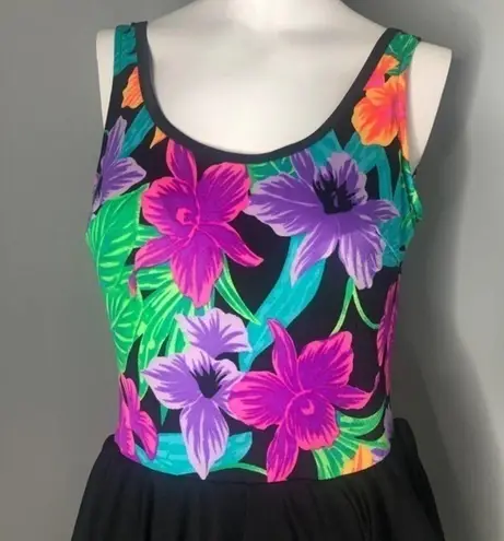 Vintage 60's 70's floral bathing suit skirt dress Black Size L