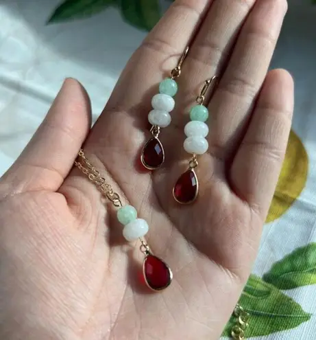 Ruby Jewelry Set, Chrysoprase White Jade, Beaded Pendant Dangle Drop, Casual Red
