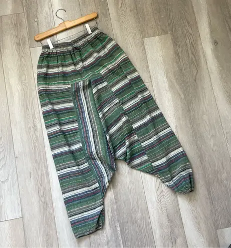 Striped Harem Pants cotton comfy womens Green (small) oversized boho shabby chic