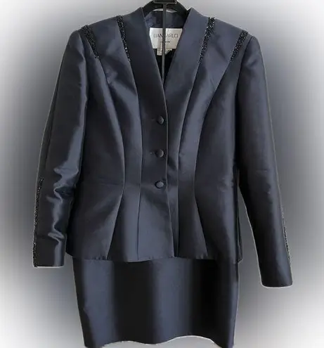 Liancarlo Couture 100% Silk Beaded Jacket and Skirt Set Deep Navy Blue, Size 10 Blue