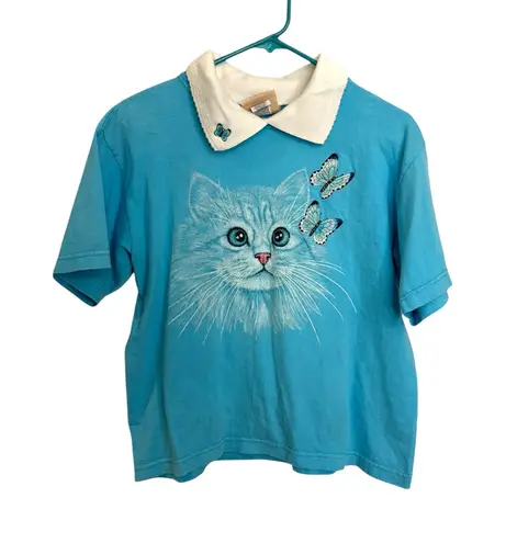 Vintage Top Stitch Morning Sun Top Womens Medium Collared Cat Butterfly Blue