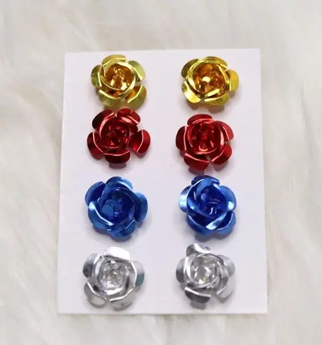 4 Large Metallic Rose Metal Stud Earrings Flawed Gold