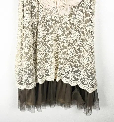 Ryu Brown Cream Crochet Tiered Lace Floral Sleeveless Lined Dress, Size Medium