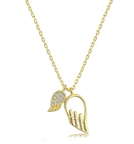 925 Sterling Silver Necklace 18k Gold Plated Angel Wings Double Pendant