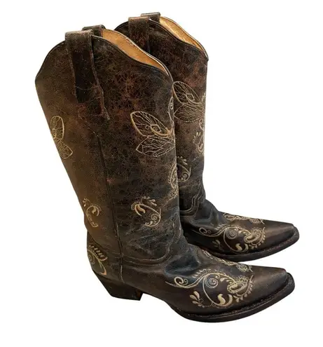 Circle G Distressed Bone Dragonfly Embroidered Snip Toe Boots, Sz 10.5