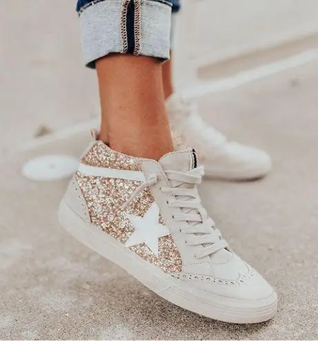 ShuShop Paulina Glitter Gold White Star Hi Top Sneakers Size 10 Tan