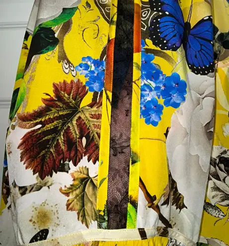 Roberto Cavalli Yellow Printed Silk Lace Detail Halter Floral Mix Print Top