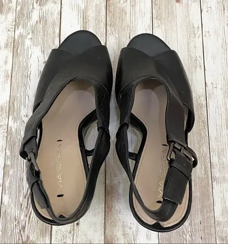 via spiga Black Leather Peep Toe Wedge Sandals 7