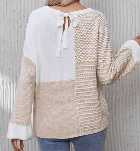 Oatmeal Mixed Pattern Knit Tie Keyhole Drop Shoulder Sweater Size Large Tan