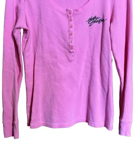 Harley Davidson Top Womens Large Pink Waffle Knit Tee Long Sleeve Cotton Blouse