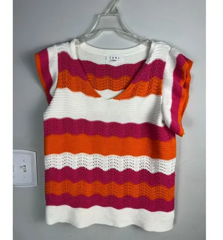 THML Women's Knit Top Size M White Orange Pink Striped Sleeveless