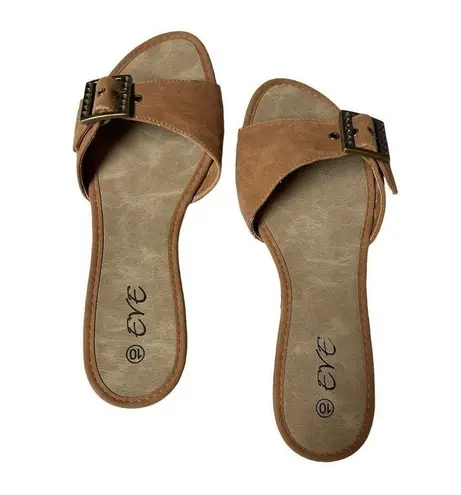 Eve Buckle Sandal Slides Low Heel Camel Color Size 10 Brown