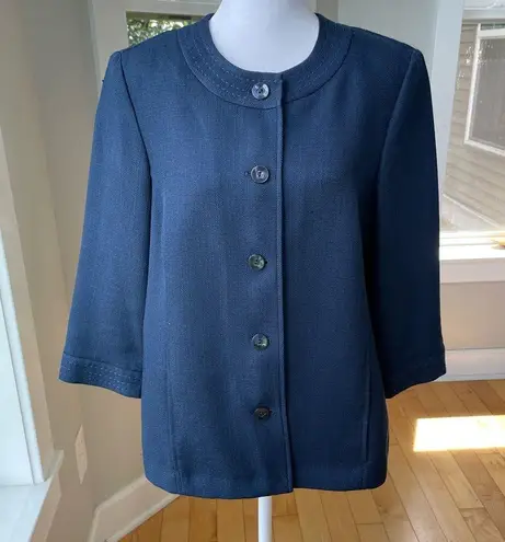 Vintage Alfred Dunner Minimalist Navy Blue Woven Swing Jacket Contrast Stitch Size 10