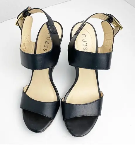 Guess  Jasminn Leather Upper Black Open Toe Wedge Sandals, Size 8.5