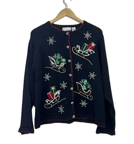 Vtg Christmas Cardigan Ugly Sweater Black XL Bling 90s Y2K Snowflake Sleigh