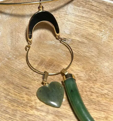 Vintage Gold Tone Choker Green Jade Horn & Heart Pendant Necklace