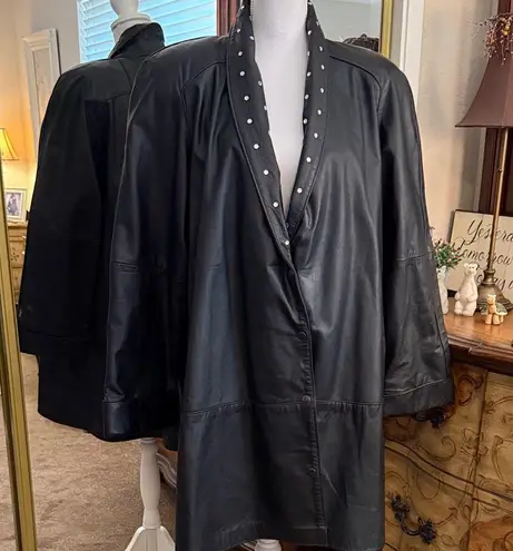 Vintage Rhinestone Studded Black Leather Women's Jacket with Shoulder Pads Size 1X