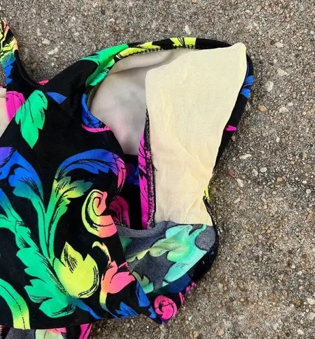 Vintage 80s Mainstream neon floral leaf one piece swimsuit Black Size M