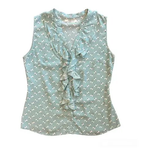 ⭐️Romy light teal blue sleeveless blouse with dandelion print and ruffles medium