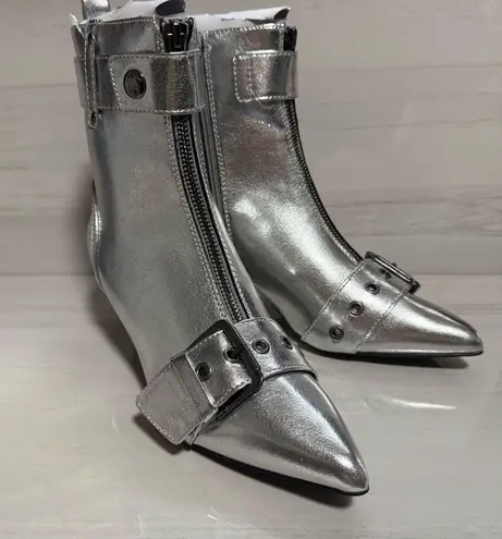 Silver Pointed Toe Kitten Heel Buckle Zip Metallic Silver Booties 8