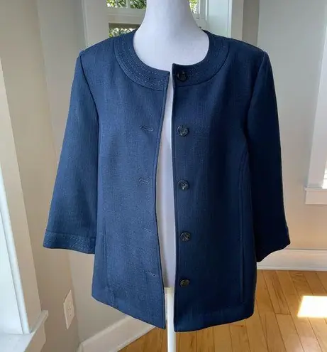 Vintage Alfred Dunner Minimalist Navy Blue Woven Swing Jacket Contrast Stitch Size 10