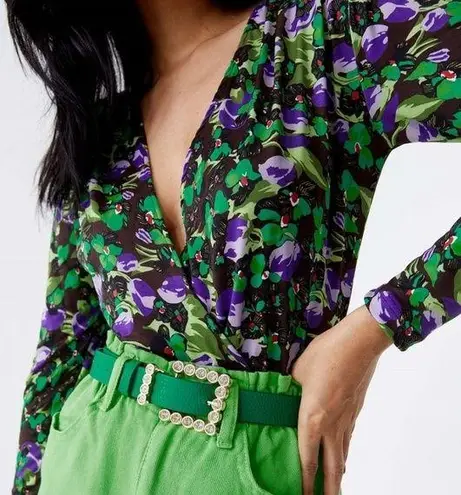 ZARA  Womens Floral Wrap Long Sleeve Green Purple Draped Bodysuit size medium